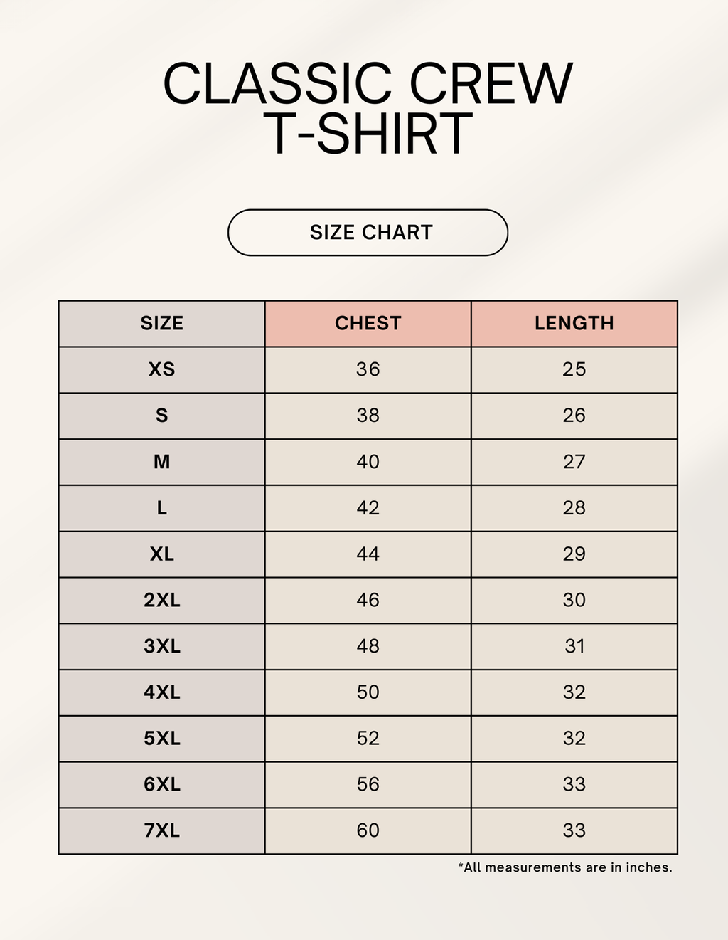 classic crew tshirt size chart