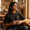 A woman sitting in a cozy cafe setting, wearing a black t-shirt with a graphic on the left chest and holding a paper coffee cup.