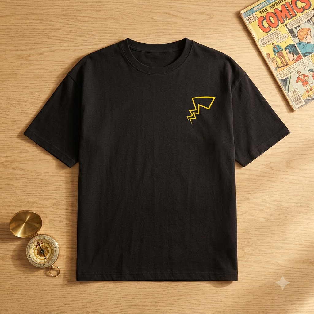 A black short-sleeve crewneck t-shirt with a graphic on the left chest, laid flat on a light wood background with vintage props.