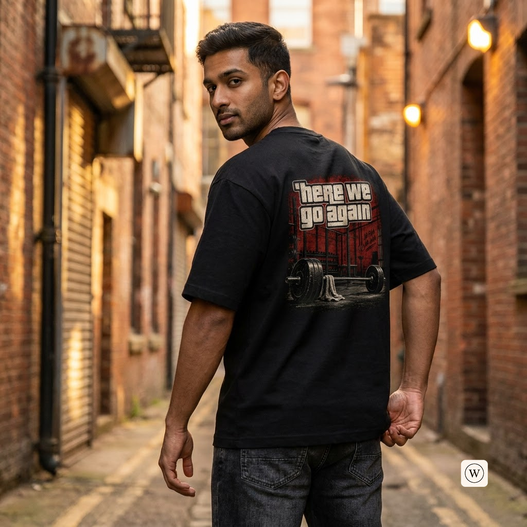 A man wearing a black graphic t-shirt with the phrase 'here we go again' and a red and white gym illustration, standing in a brick alleyway.