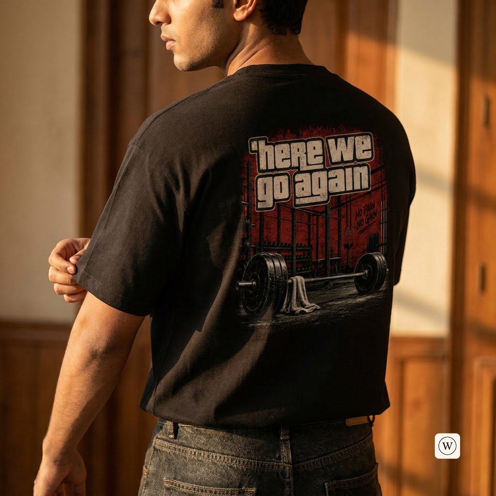 A man wearing a black t-shirt with a large graphic print on the back, featuring the text 'here we go again' in a distressed white font over a red and black gym scene with a barbell. The photo is taken in a warm, sunlit indoor setting.