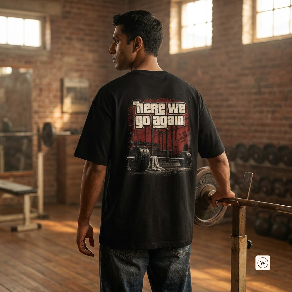 A man in a gym wearing a black graphic t-shirt, viewed from behind. The back of the shirt features a large graphic print with the text 'there we go again' in white and red over a red brick wall and a barbell lift illustration.