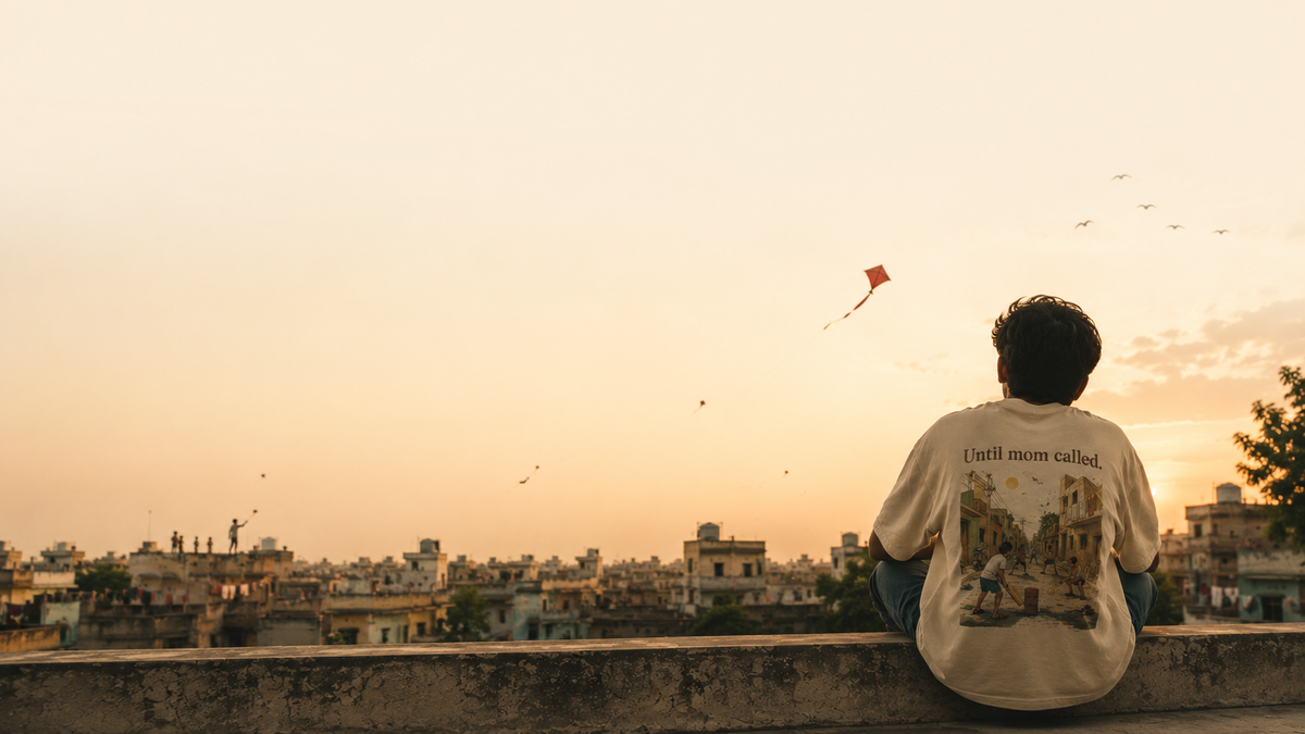 A person sitting on a rooftop ledge at sunset, facing a city skyline, with a red kite flying in the warm sky above.