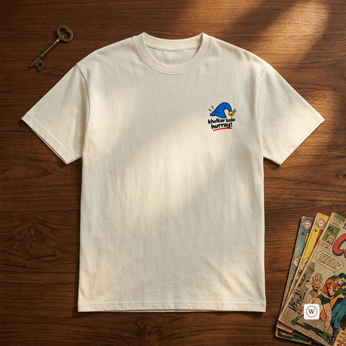 An off-white short-sleeve t-shirt laid flat on a dark wood background, featuring a small graphic on the left chest. The shirt is styled with a vintage key and comic books.