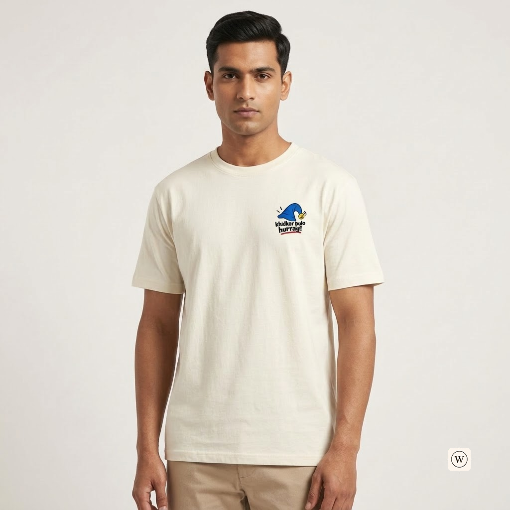 A man wearing a cream-colored crewneck t-shirt with a small blue and yellow graphic on the left chest, paired with khaki pants, against a light gray background.