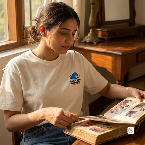 A woman sitting at a wooden table in a warm, sunlit room, looking through an old photo album. She is wearing a cream-colored t-shirt with a small graphic on the left chest.