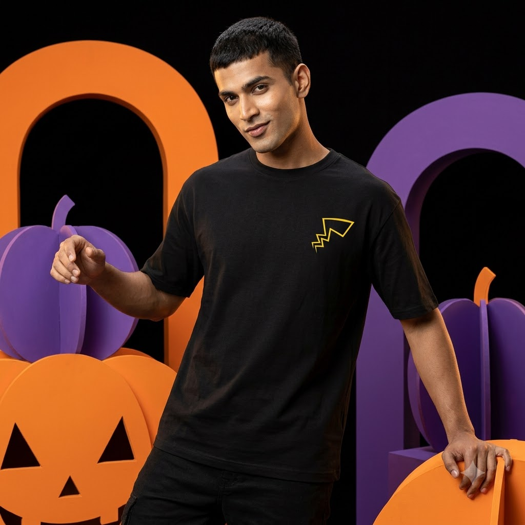 A man wearing a black short-sleeve t-shirt with a graphic on the left chest, posed in front of a Halloween-themed background with orange pumpkins and purple arches.