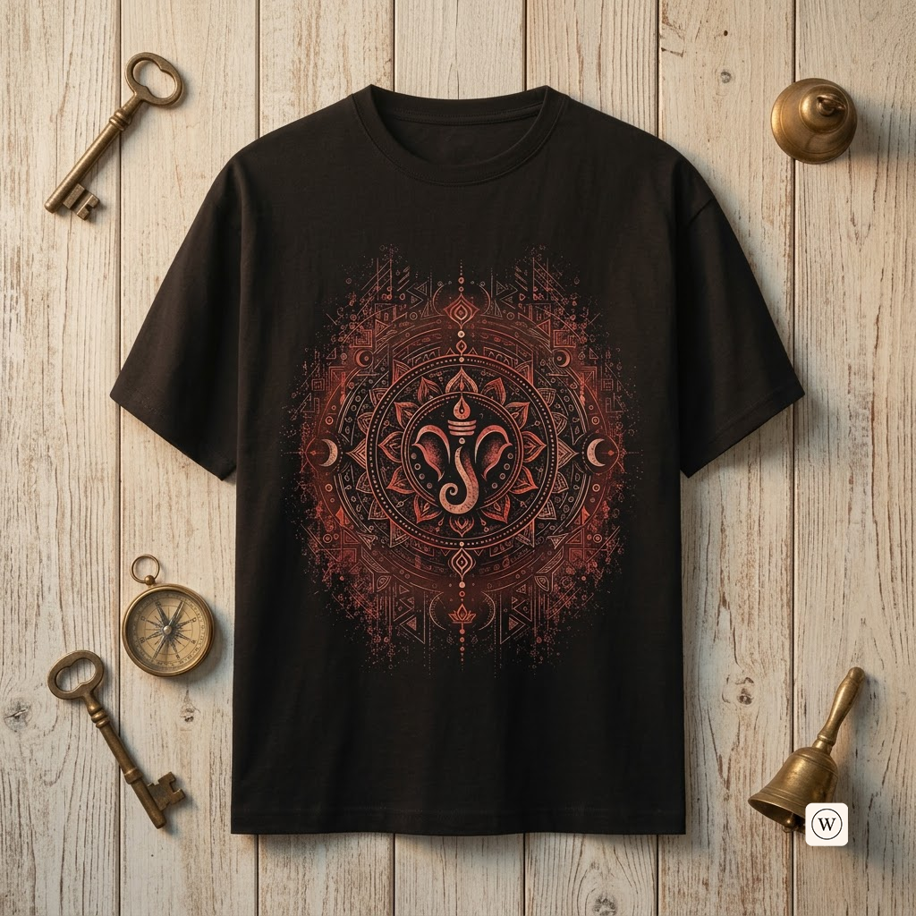 A black short-sleeve t-shirt with a detailed red and brown mandala-style graphic.