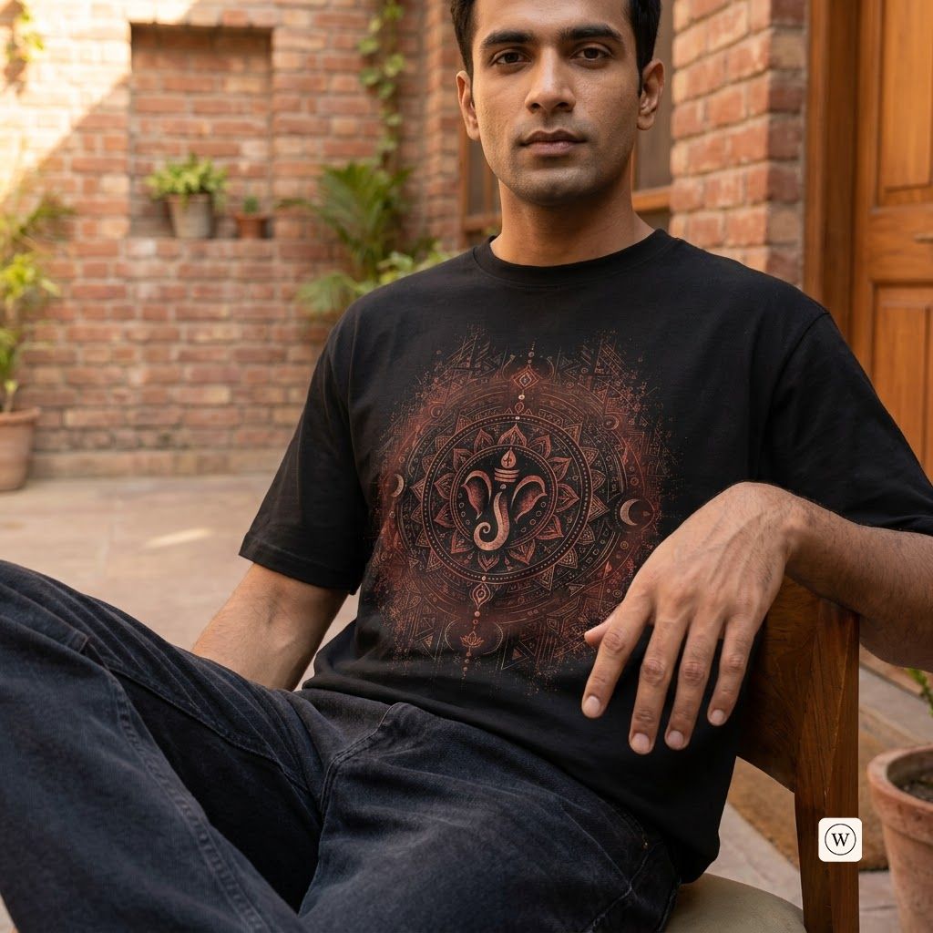 A man wearing a black t-shirt with a detailed reddish-brown Ganesha mandala graphic, sitting in an outdoor patio setting with a brick wall background.