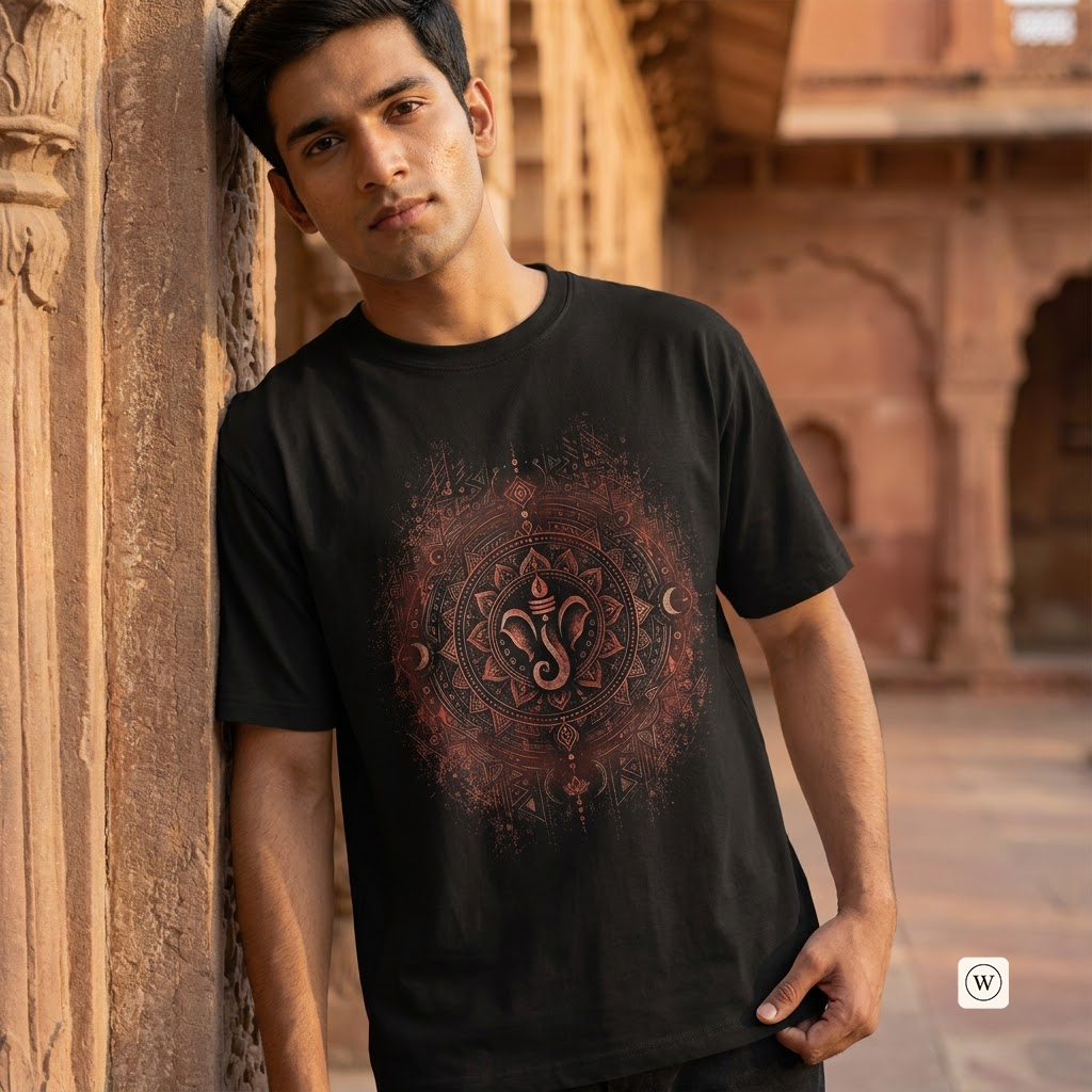 A man wearing a black short-sleeve t-shirt with a detailed reddish-brown mandala graphic on the front, leaning against a stone pillar in an outdoor architectural setting.