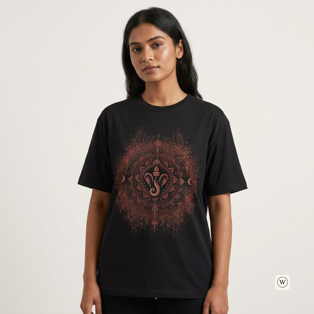 A woman modeling a black short-sleeve t-shirt with a detailed reddish-brown mandala and Ganesha graphic on the front, set against a plain light background.