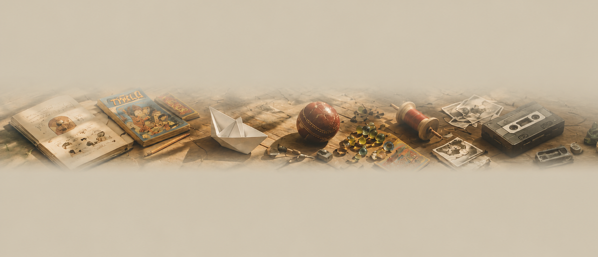 A vintage-themed collage of assorted objects including old books, a paper boat, a small wooden pot, scattered seeds or beads, a cassette tape, and other nostalgic items arranged on a textured beige surface against a soft beige background.