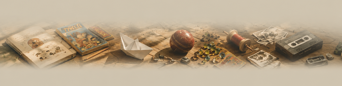 A vintage-themed collage of assorted objects including old books, a paper boat, a small wooden pot, scattered seeds or beads, a cassette tape, and other nostalgic items arranged on a textured beige surface against a soft beige background.