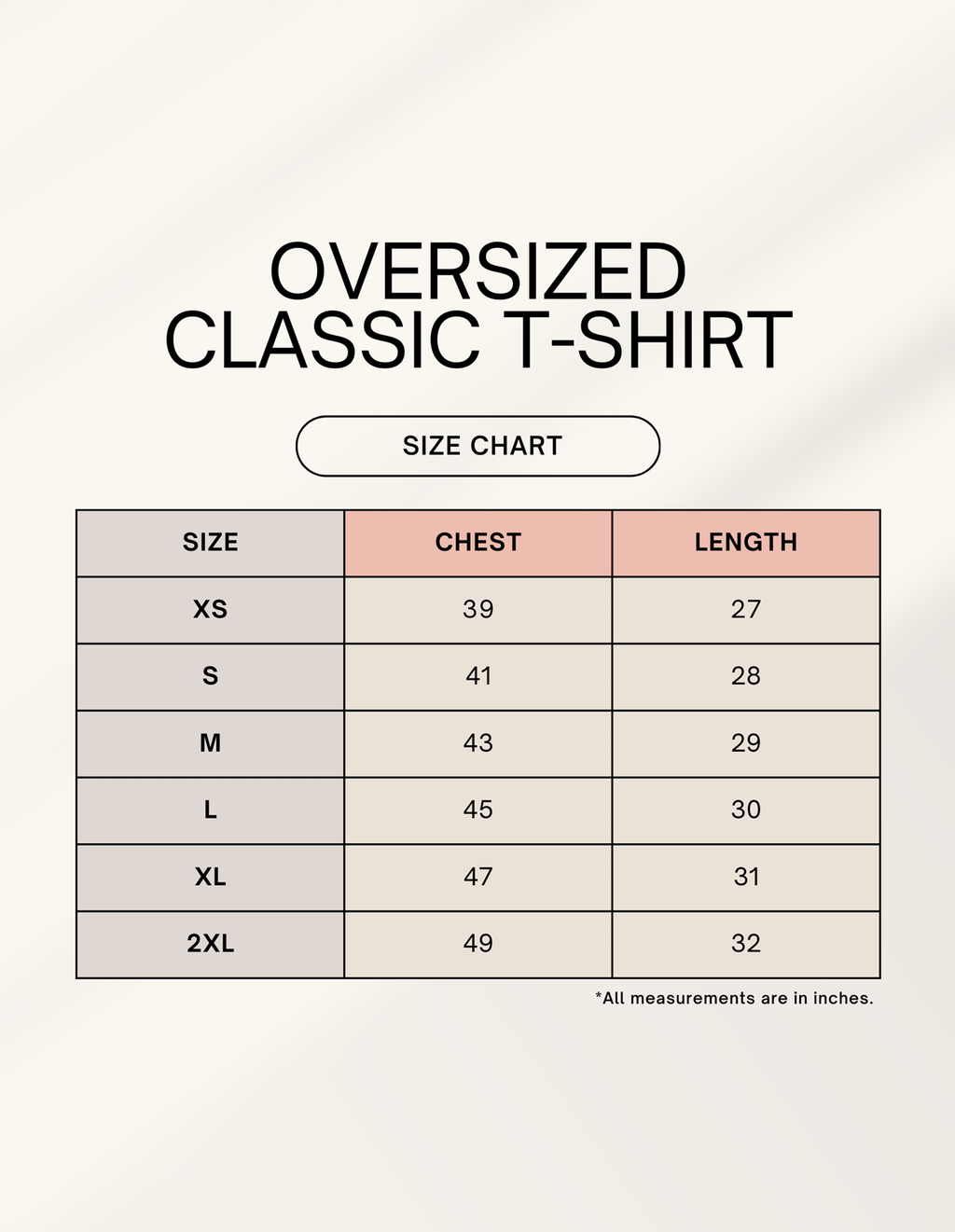 oversize classic tshirt size chart