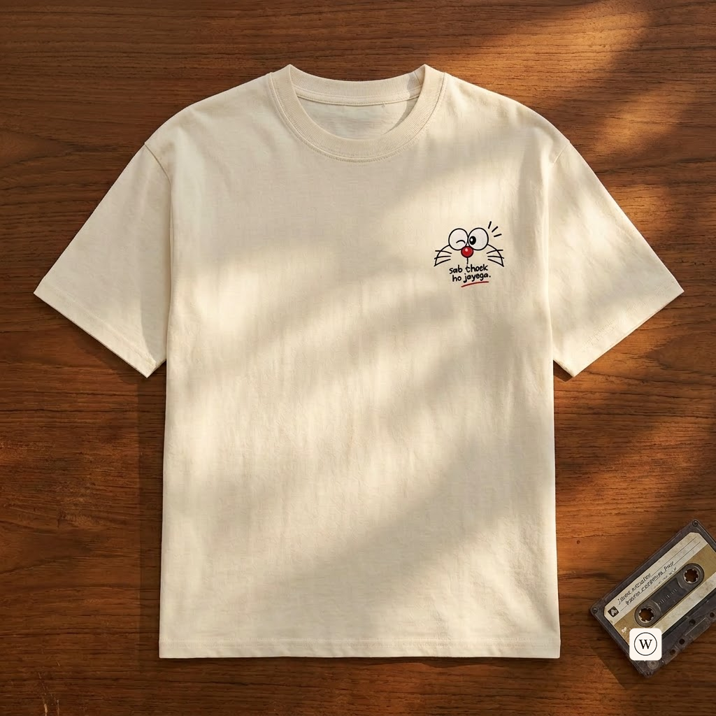 An off-white short-sleeve crewneck t-shirt with a small graphic on the left chest, laid flat on a wooden surface with dappled sunlight and a vintage cassette tape nearby.