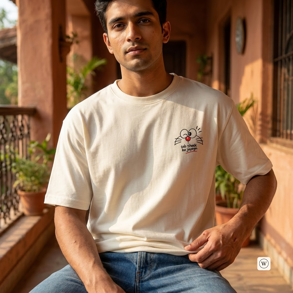 A man wearing a cream-colored t-shirt with a small graphic on the left chest, sitting on a porch.