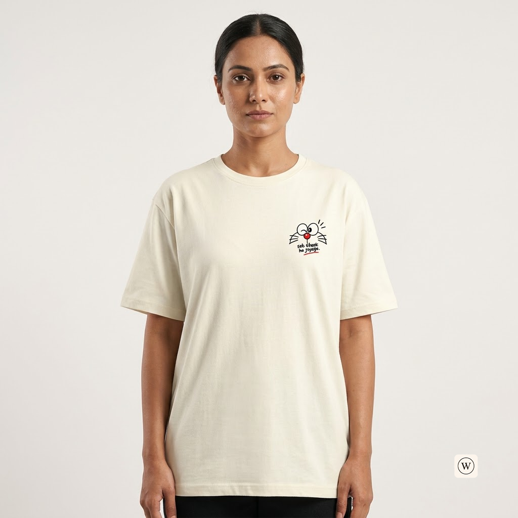 A woman modeling a cream-colored short-sleeve t-shirt with a small graphic on the left chest.