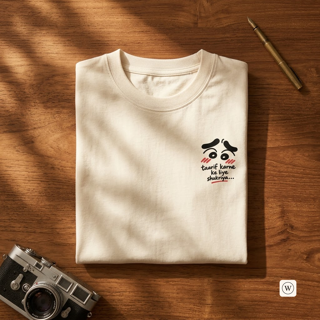 A folded cream-colored cotton t-shirt with a small black and red graphic print on the left chest, displayed on a wooden tabletop with a vintage camera, a pen, and dappled sunlight.