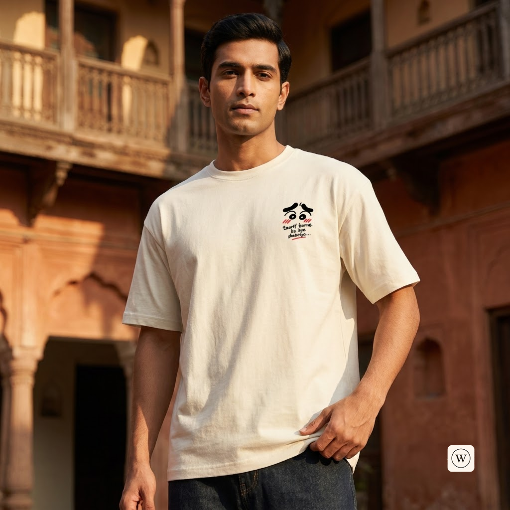 A man wearing a cream-colored t-shirt with a small graphic on the left chest, standing in front of a warm-toned traditional building.