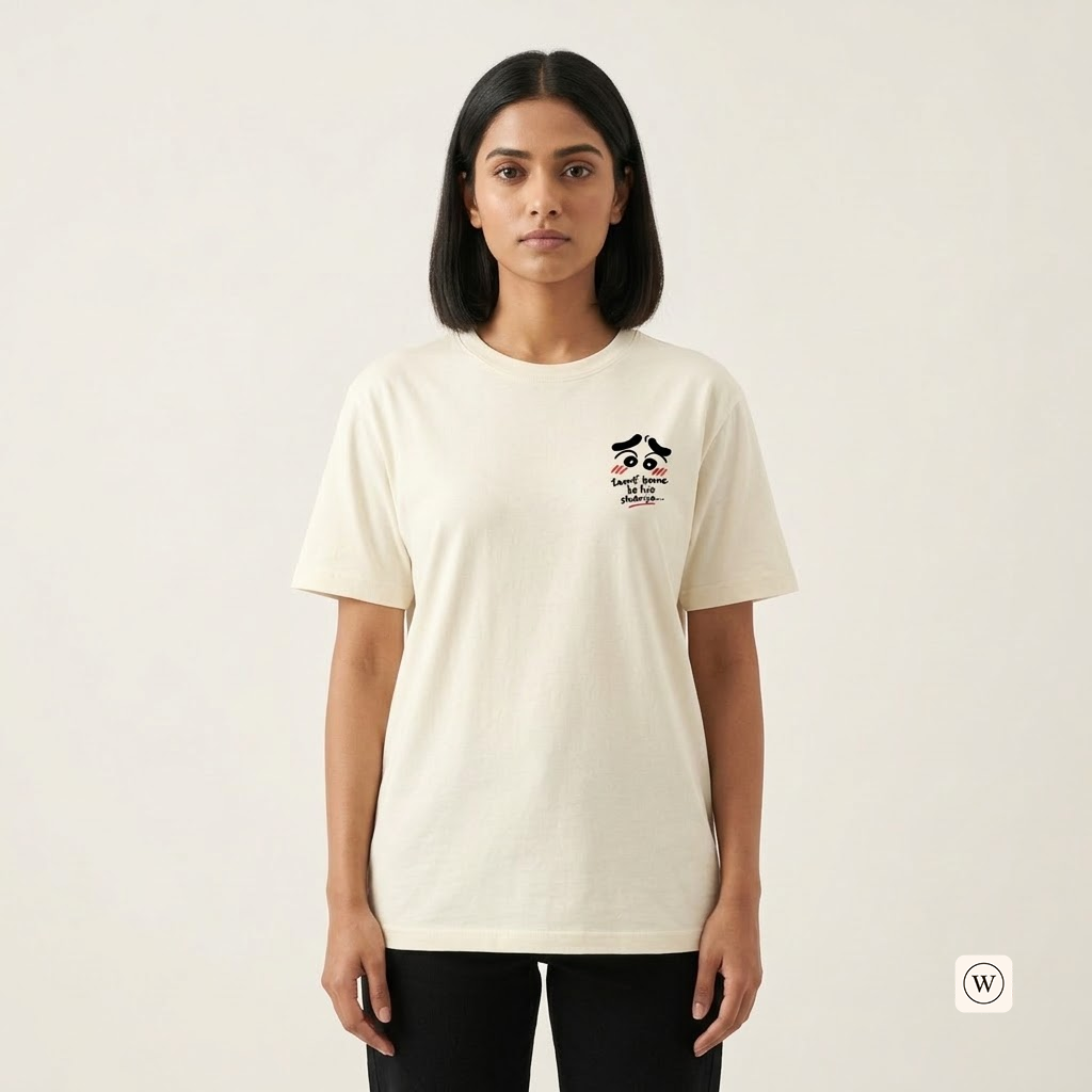 A woman modeling a cream-colored short-sleeve t-shirt with a small graphic and text on the left chest, paired with black pants, against a plain off-white background.